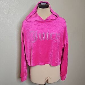 Juicy Couture Bling Script Hot Pink Velour Crop Hoodie Large